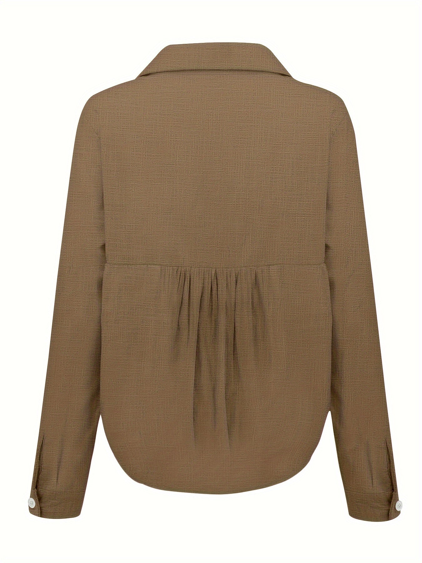 Chemisier marron à manches longues, col classique, tissu texturé, vue de dos. Mode femme élégante, tendance automne-hiver, vêtement chic.