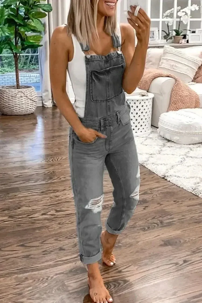 Pantalones de mujer - Mono vaquero informal con diseño de lágrima y tirantes ajustables