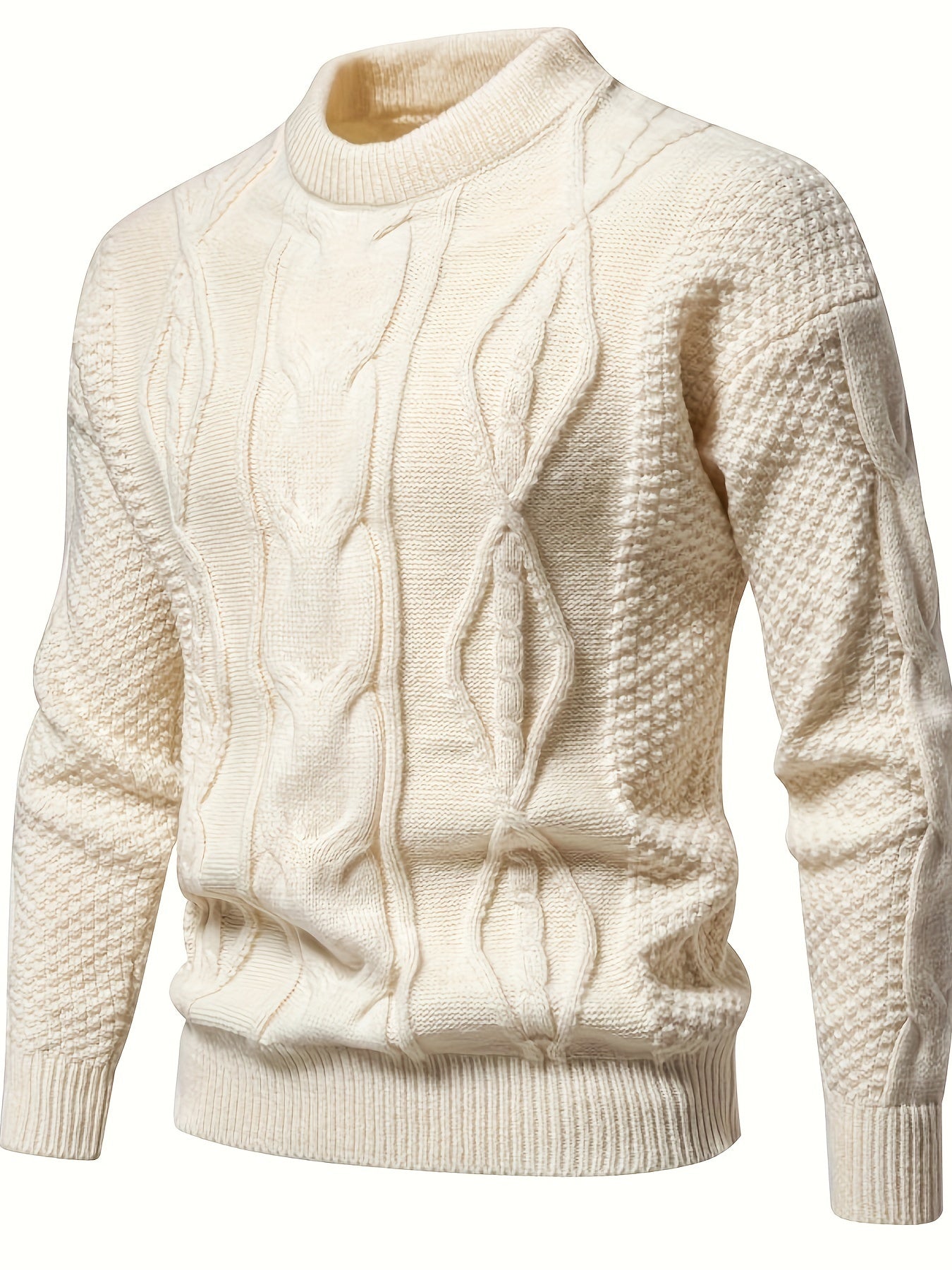 Pull en laine torsadé blanc cassé pour homme, col rond, manches longues, style classique. Mode hiver, vêtement chaud et élégant.