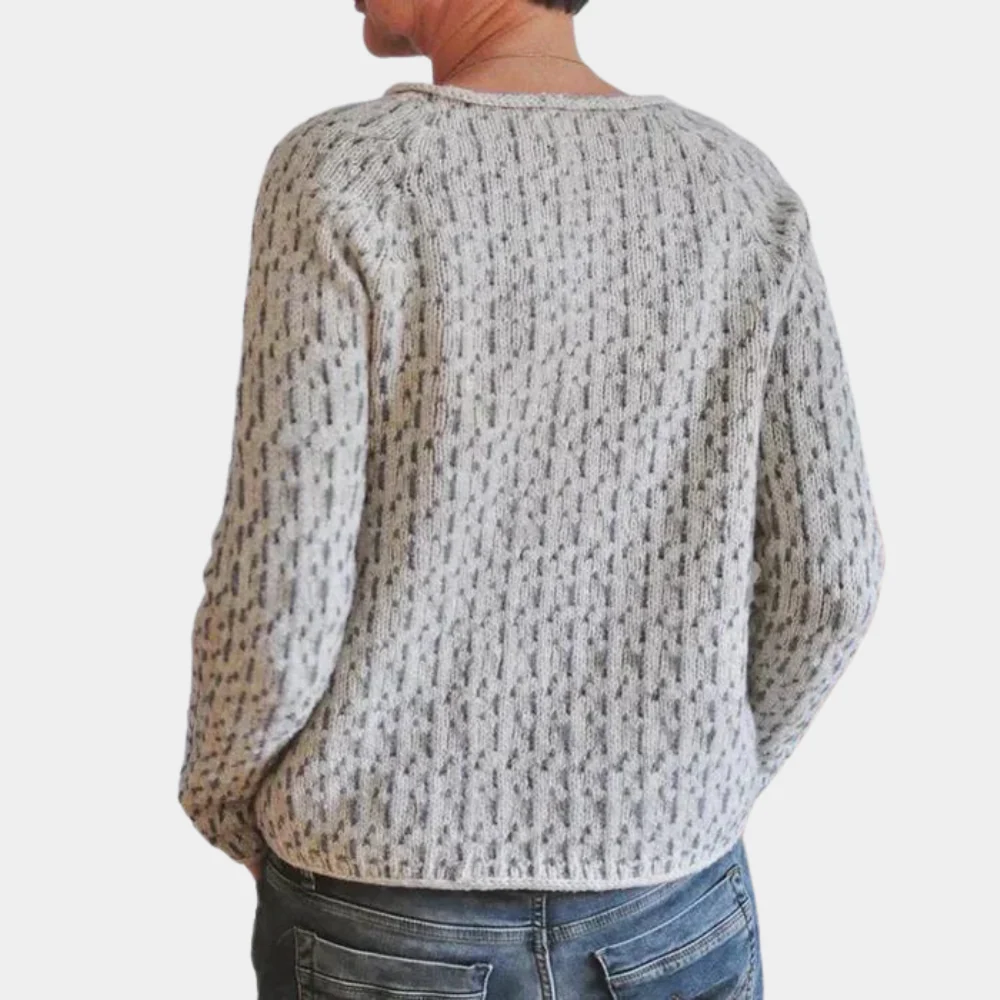 Homme portant un pull en laine gris texturé, manches longues, col rond, avec un motif à mailles, de dos, sur fond blanc. Mode hiver décontractée.
