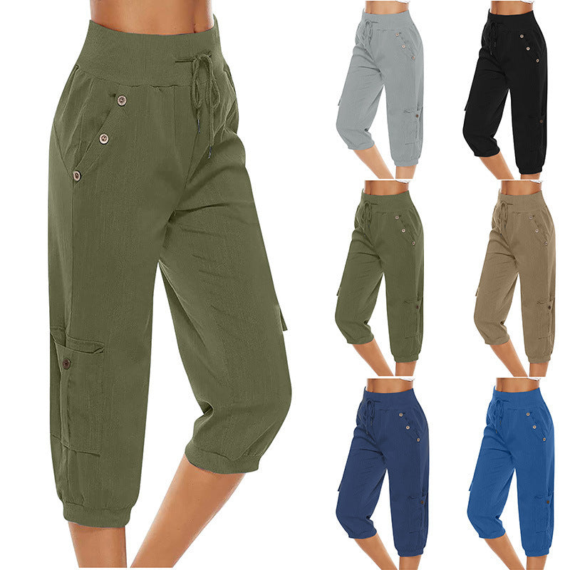Pantalons cargo femme en lin, disponibles en kaki, gris, noir, beige, bleu marine et bleu. Design taille haute avec poches et cordon de serrage.