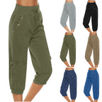 Pantalons cargo femme en lin, disponibles en kaki, gris, noir, beige, bleu marine et bleu. Design taille haute avec poches et cordon de serrage.