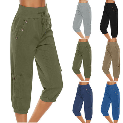 Juliet - Pantalones casuales de lino y algodón con bolsillos cargo