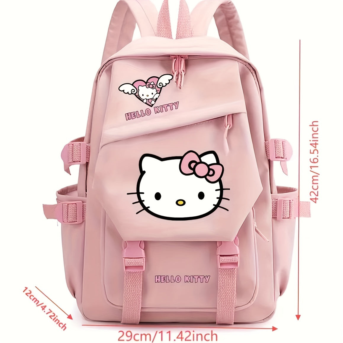Sac à dos rose Hello Kitty avec motif chat, dimensions 42x29x12 cm, poches multiples, design kawaii, idéal pour école ou loisirs.