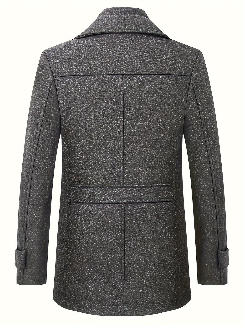 Manteau homme gris foncé en laine, coupe classique, col à revers, manches longues avec pattes, idéal pour l'hiver et les occasions formelles.