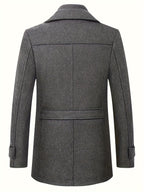 Manteau homme gris foncé en laine, coupe classique, col à revers, manches longues avec pattes, idéal pour l'hiver et les occasions formelles.