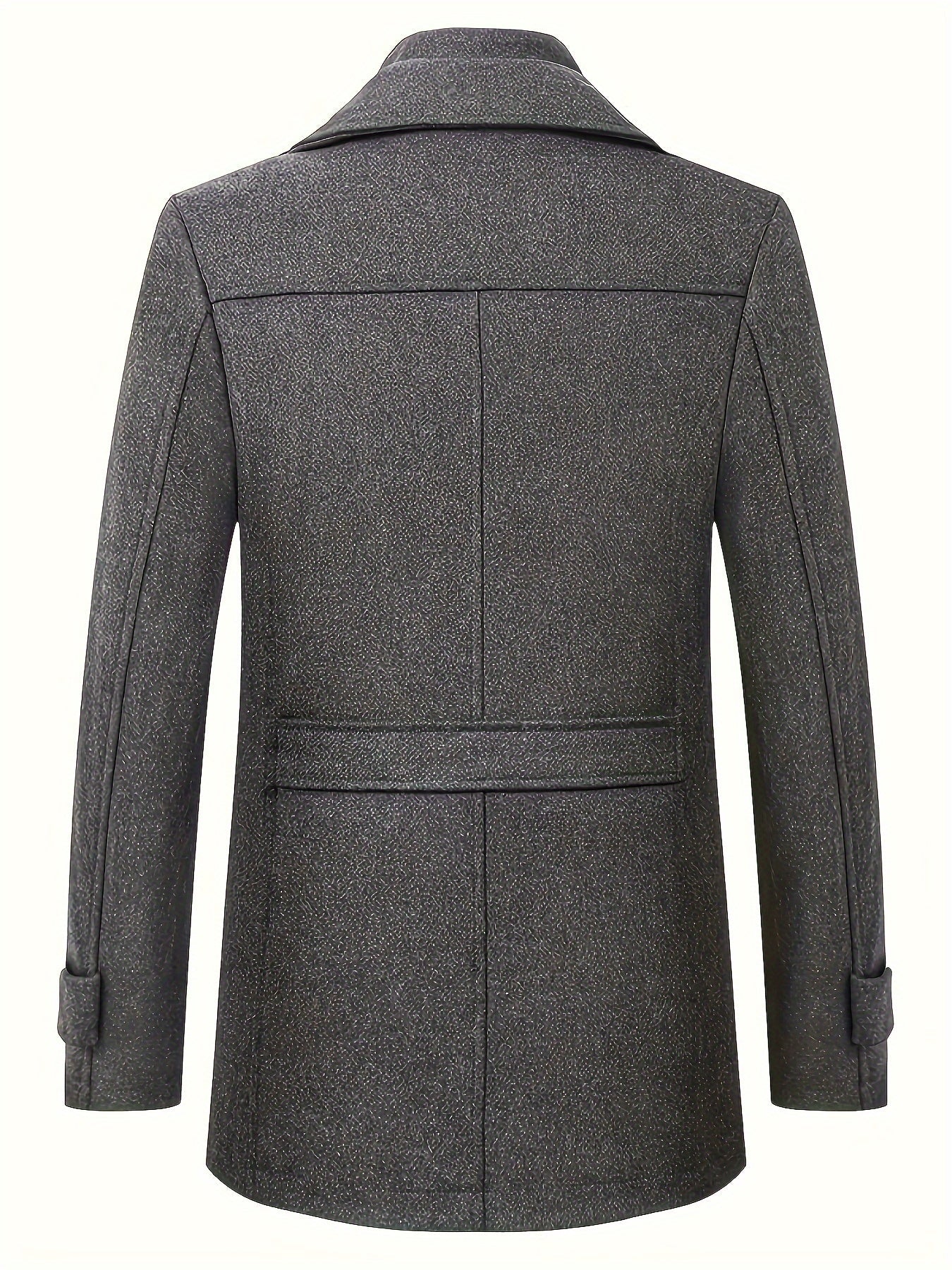 Manteau homme gris foncé en laine, coupe classique, col à revers, manches longues avec pattes, idéal pour l'hiver et les occasions formelles.