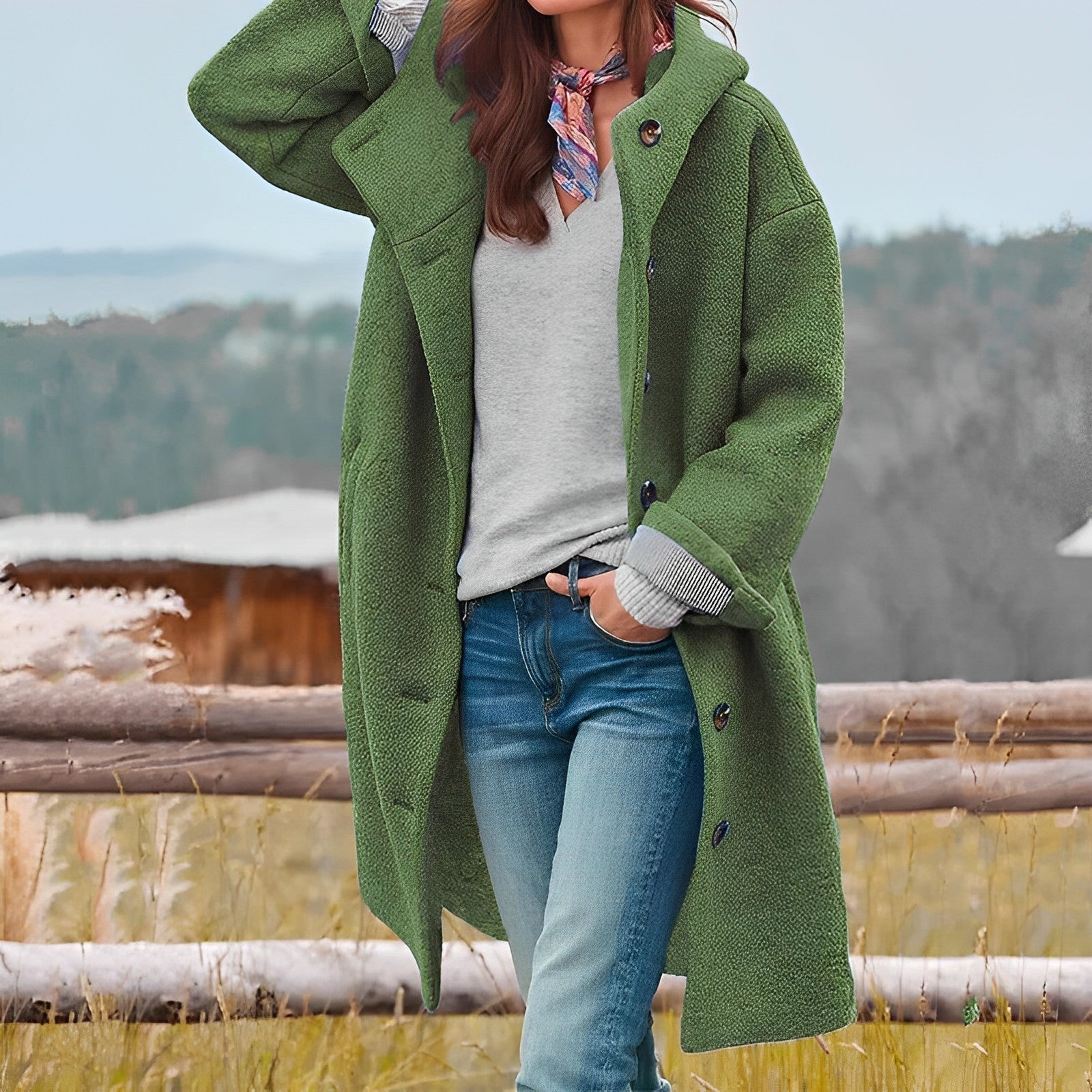 Femme portant un manteau vert en laine, écharpe colorée, pull gris et jeans, posant devant une clôture en bois avec paysage rural en arrière-plan.