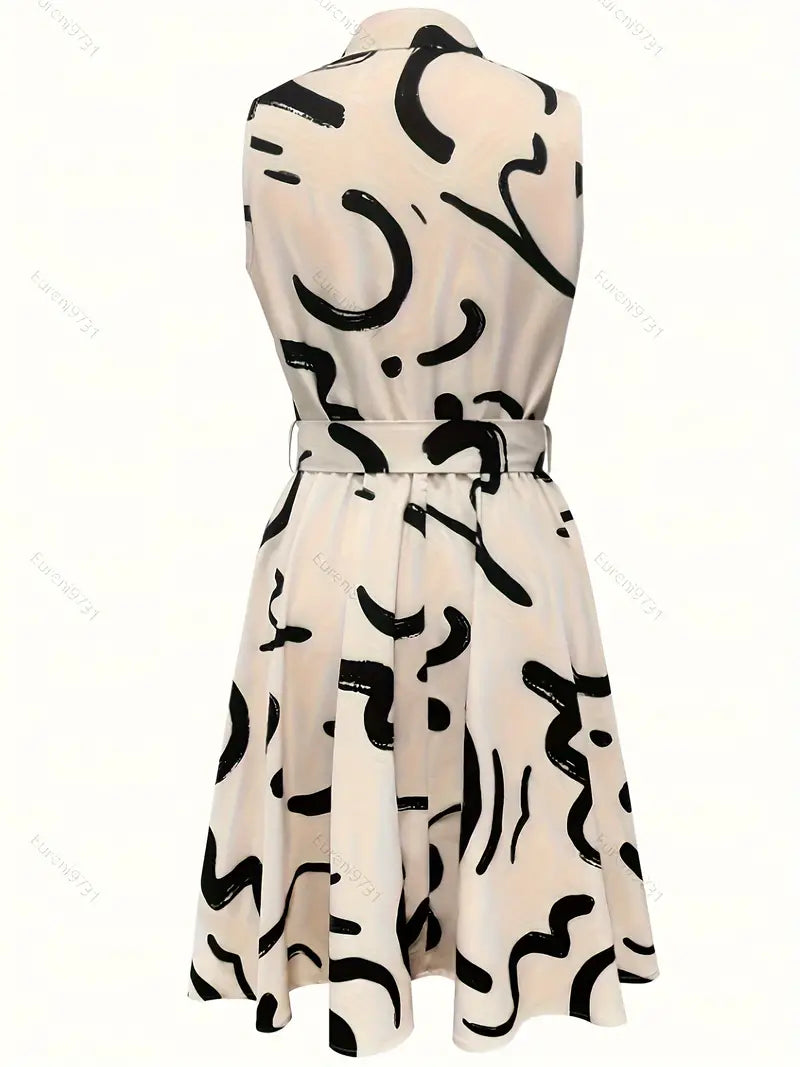 Robe sans manches blanche à motifs noirs abstraits, ceinture à la taille, style moderne et élégant, idéale pour l'été et les occasions décontractées.