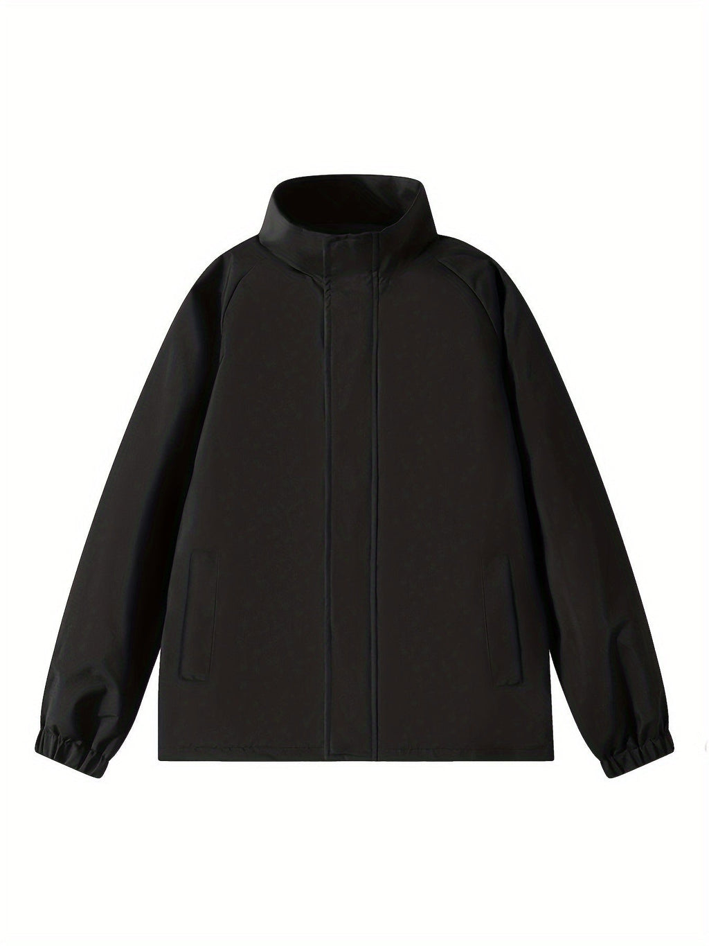 Veste noire imperméable pour homme, design minimaliste, col montant, manches longues, idéale pour l'automne et l'hiver, mode tendance.