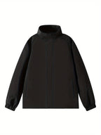 Veste noire imperméable pour homme, design minimaliste, col montant, manches longues, idéale pour l'automne et l'hiver, mode tendance.