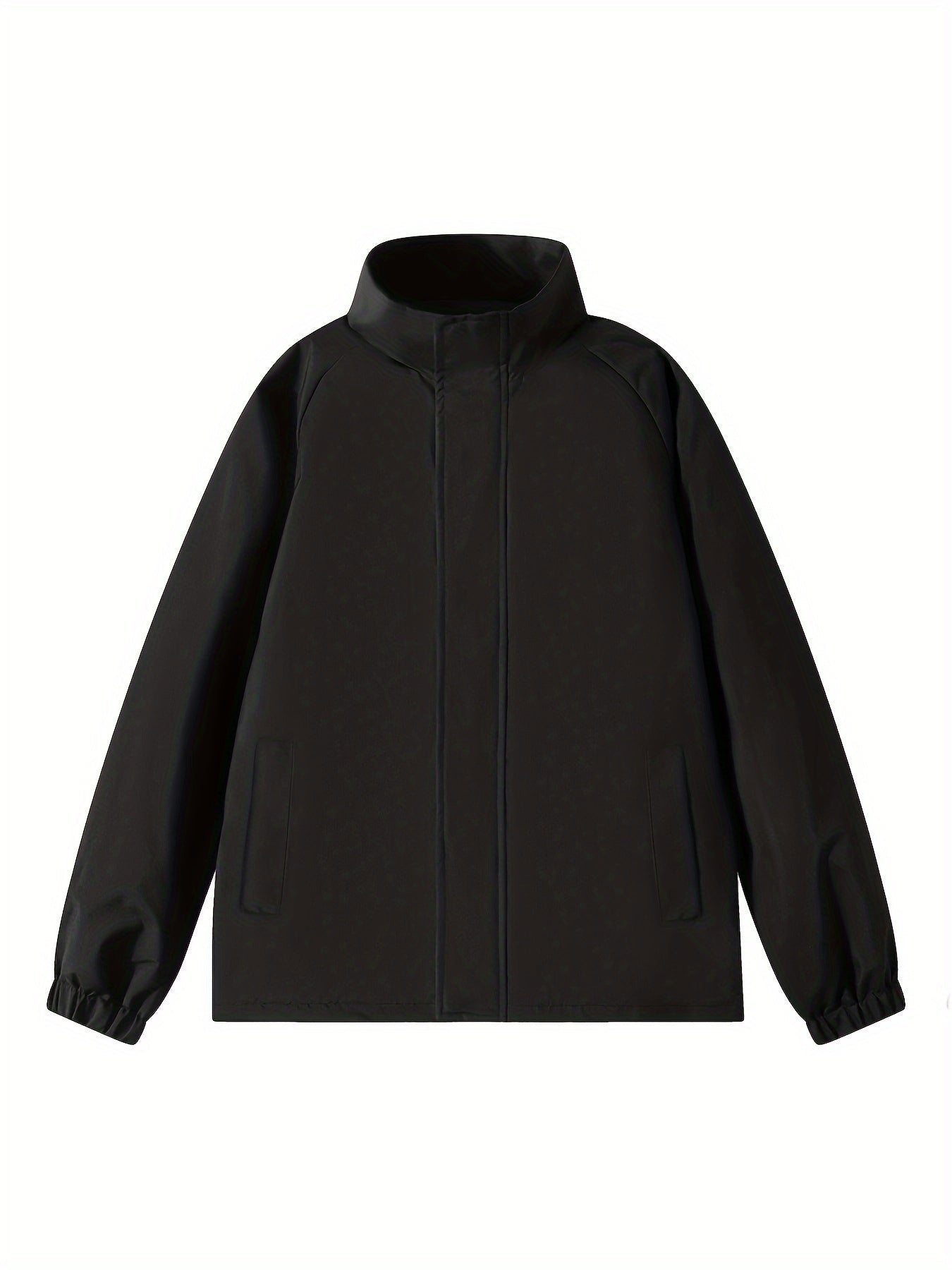 Veste noire imperméable pour homme, design minimaliste, col montant, manches longues, idéale pour l'automne et l'hiver, mode tendance.