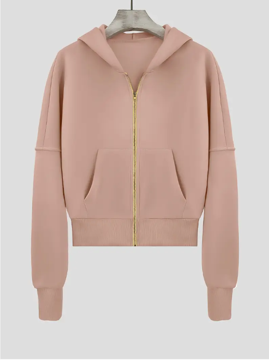 Sweat à capuche rose pâle pour femme avec fermeture éclair dorée, poches avant, manches longues, style décontracté, idéal pour l'automne.