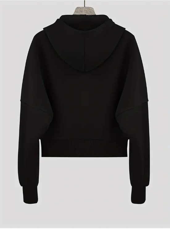 Sweat à capuche noir pour femme, manches longues, coupe ample, style décontracté, idéal pour l'automne et l'hiver, mode tendance.