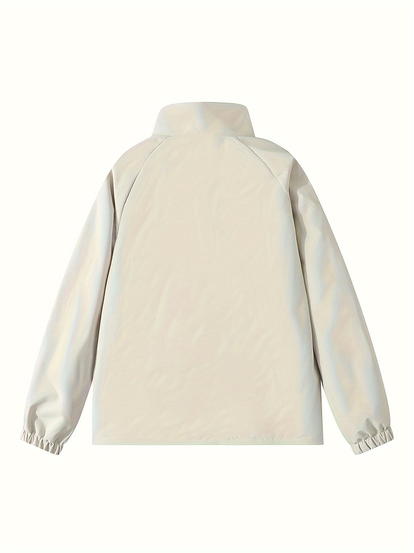 Veste imperméable beige pour femme, coupe-vent, manches longues, col montant, idéale pour la randonnée et les activités extérieures.