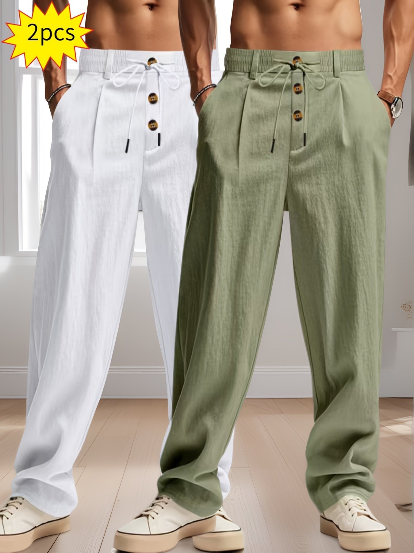 Pantalons en lin pour homme, blanc et vert, avec cordon de serrage et boutons en bois, style décontracté, lot de 2, mode estivale élégante.