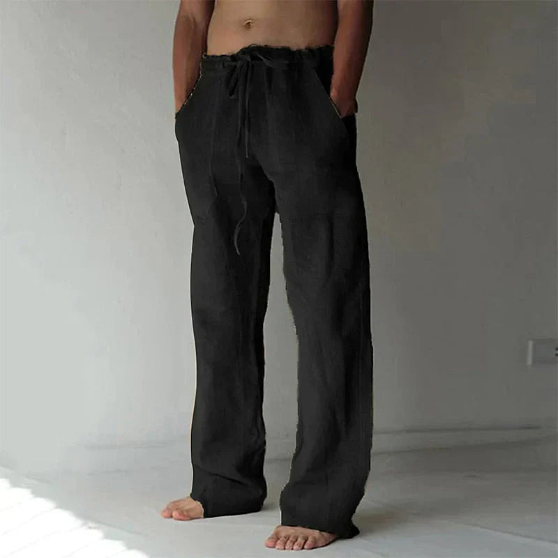 Pantalon ample noir en lin pour homme, taille élastique avec cordon, poches latérales, style décontracté, idéal pour l'été et la détente.