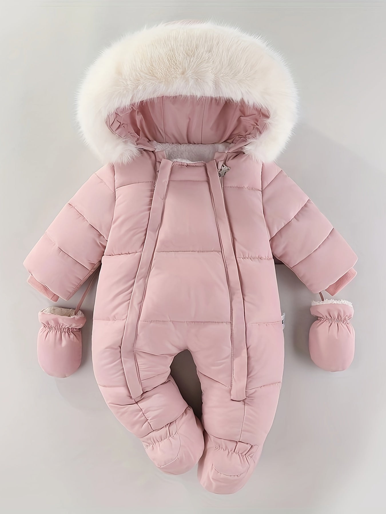 Combinaison bébé rose avec capuche en fourrure blanche, idéale pour l'hiver. Vêtement chaud et douillet, parfait pour garder bébé au chaud.