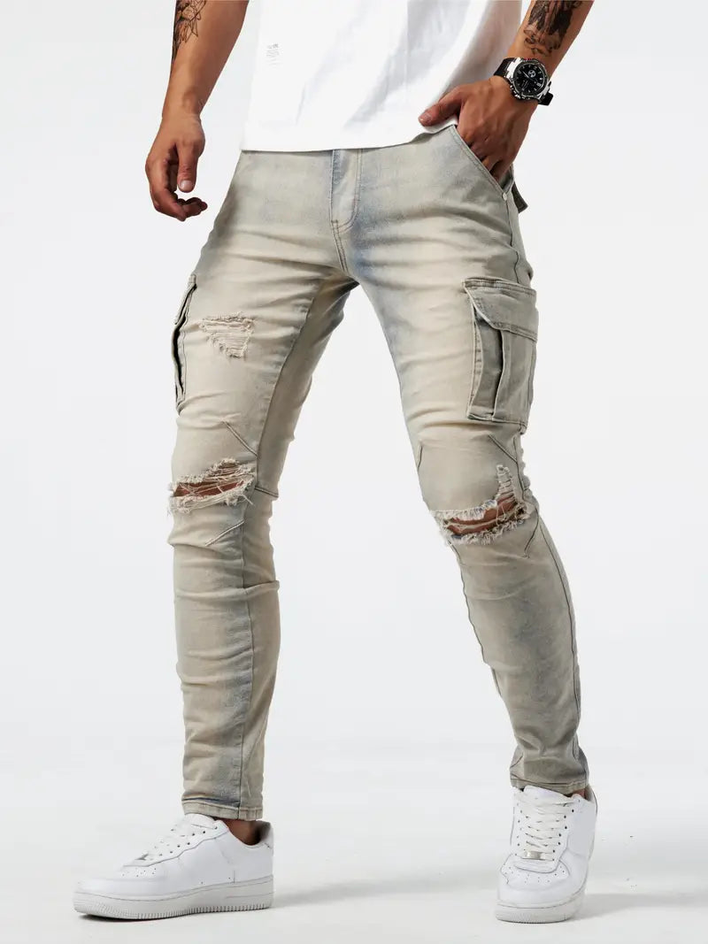 Vaqueros ajustados multibolsillos para hombre - Pantalones cargo de mezclilla elástica