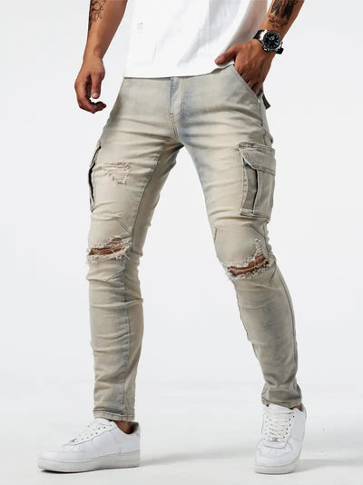 Vaqueros ajustados multibolsillos para hombre - Pantalones cargo de mezclilla elástica
