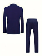 Costume homme bleu marine élégant, veste et pantalon assortis, vue de dos. Mode masculine, tenue formelle, style classique.