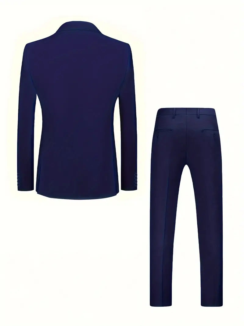Costume homme bleu marine élégant, veste et pantalon assortis, vue de dos. Mode masculine, tenue formelle, style classique.