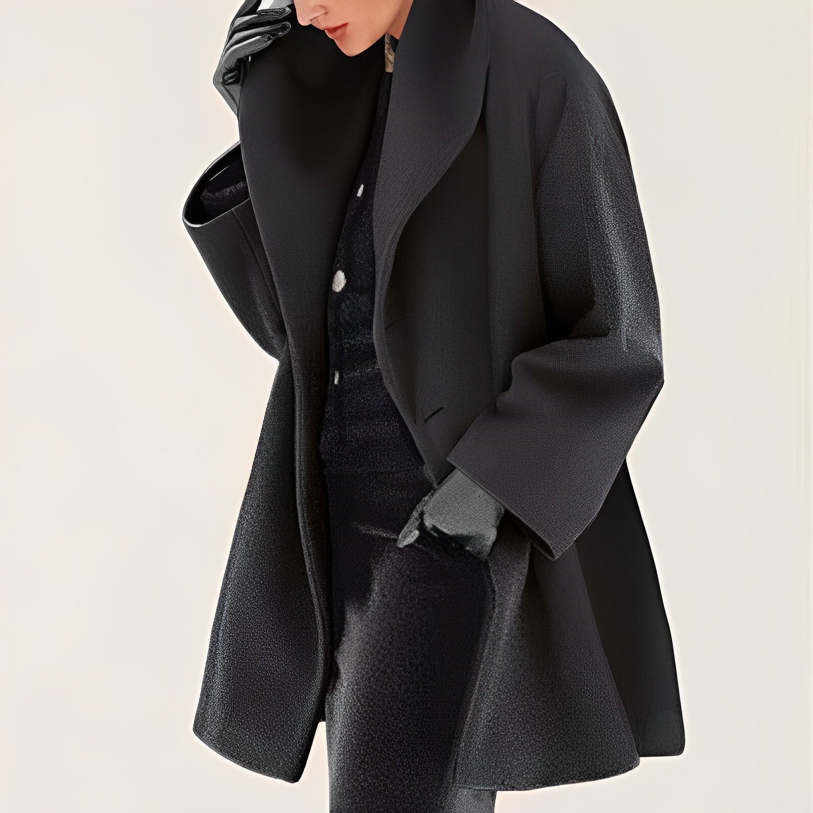 Manteau noir élégant sur mannequin, style moderne et minimaliste, mode automne-hiver, tissu texturé, tendance vestimentaire chic et sophistiquée.