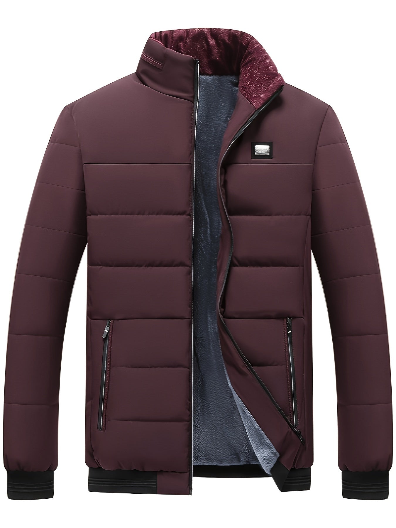 Veste matelassée bordeaux pour homme, doublure polaire, fermeture éclair, poches zippées, col montant. Mode hiver, chaud et élégant.