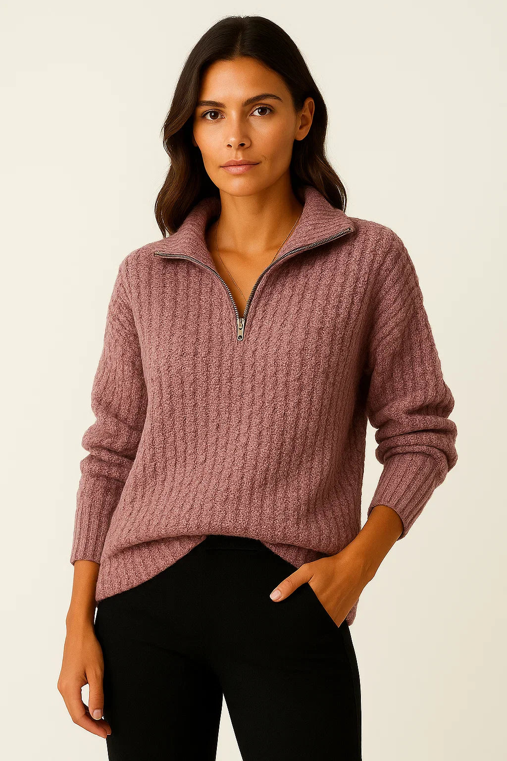 Femme portant un pull en laine rose avec fermeture éclair, manches longues, col montant, sur fond neutre. Mode automne-hiver, style décontracté.