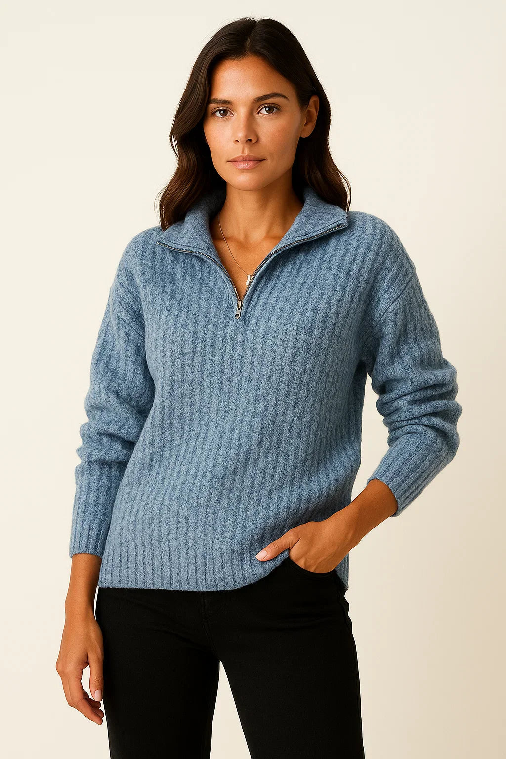 Femme portant un pull bleu à col zippé, manches longues, sur fond beige. Mode automne-hiver, style décontracté, tendance féminine.