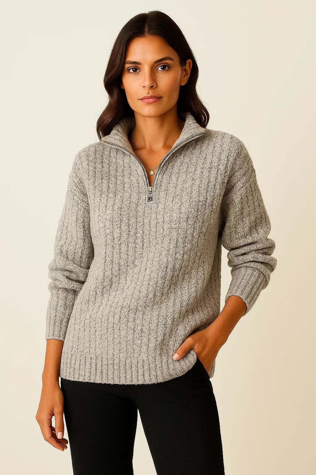 Femme portant un pull gris à col zippé, manches longues, en laine côtelée, posant sur fond beige. Mode automne-hiver, style décontracté élégant.