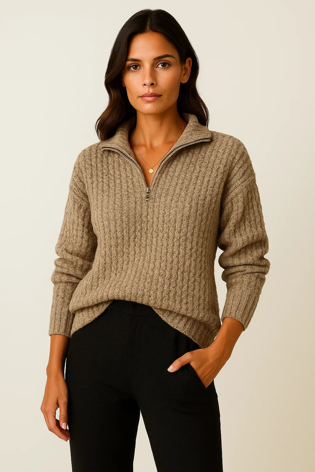 Femme portant un pull en laine beige à col zippé, manches longues, avec un pantalon noir. Mode automne-hiver, style décontracté et élégant.
