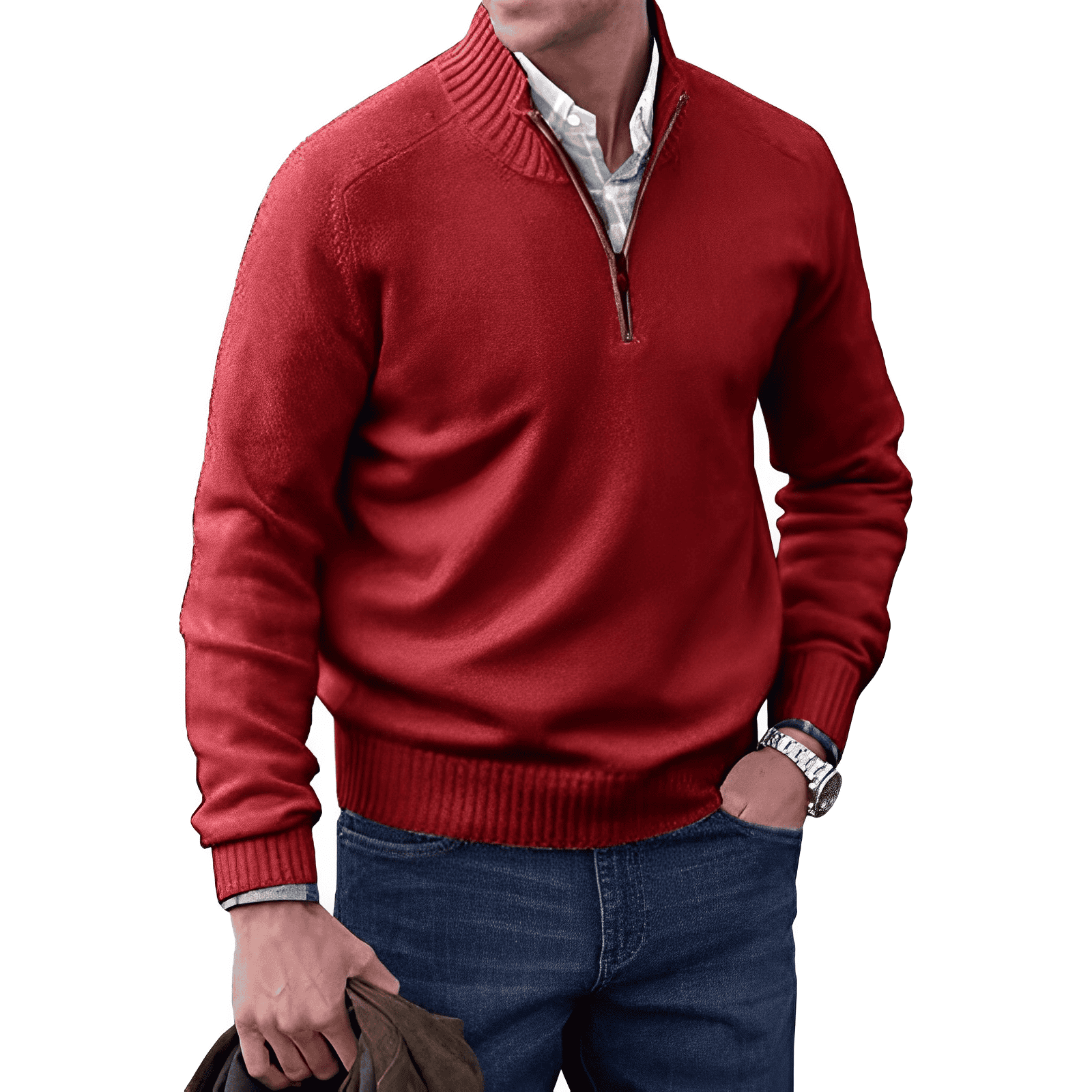 Homme portant un pull rouge à col zippé, chemise blanche et jean bleu, tenant une veste marron. Mode masculine élégante et décontractée.