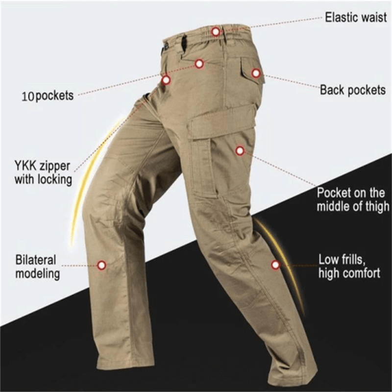 Pantalon cargo beige avec 10 poches, fermeture éclair YKK, taille élastique, confort élevé, design bilatéral, poches arrière et latérales.
