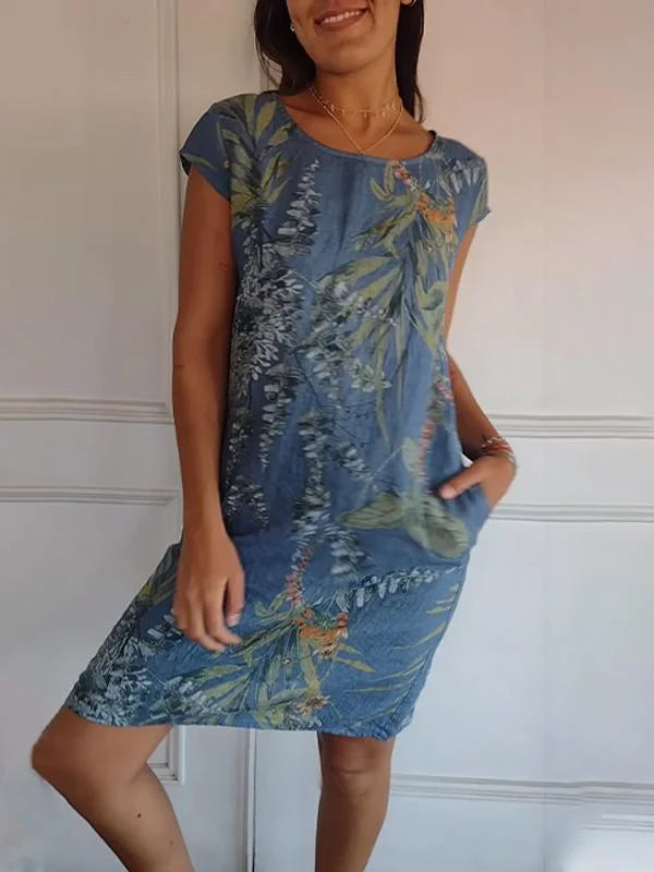 Elisabeth - Vestido de mujer de algodón y lino con cuello redondo
