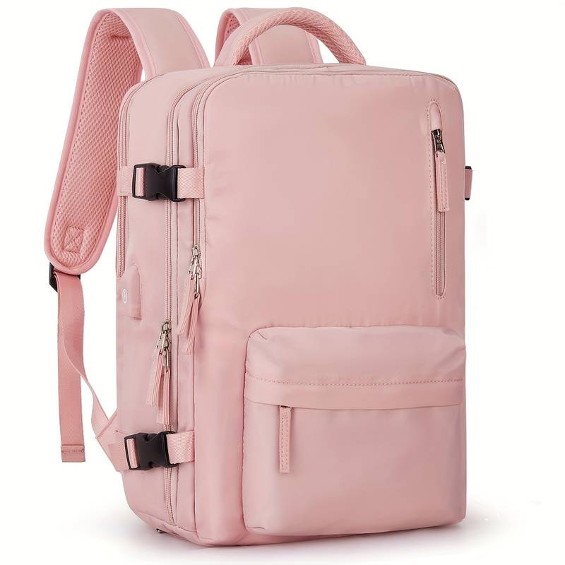 Sac à dos rose pastel élégant avec poches multiples, fermeture éclair robuste et bretelles ajustables. Idéal pour école, voyage, quotidien.
