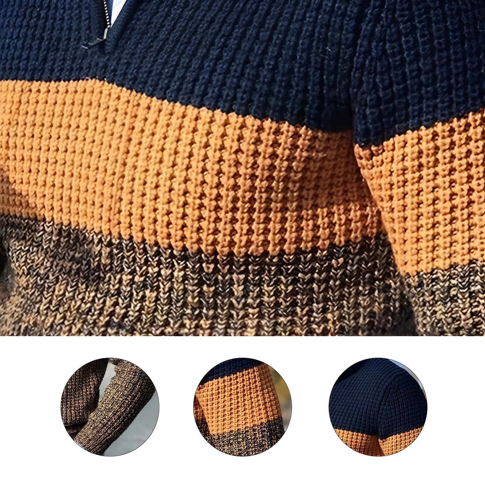 Pull rayé bleu marine et orange en maille texturée, gros plan sur les détails du tissu. Mode automne-hiver, style décontracté et tendance.