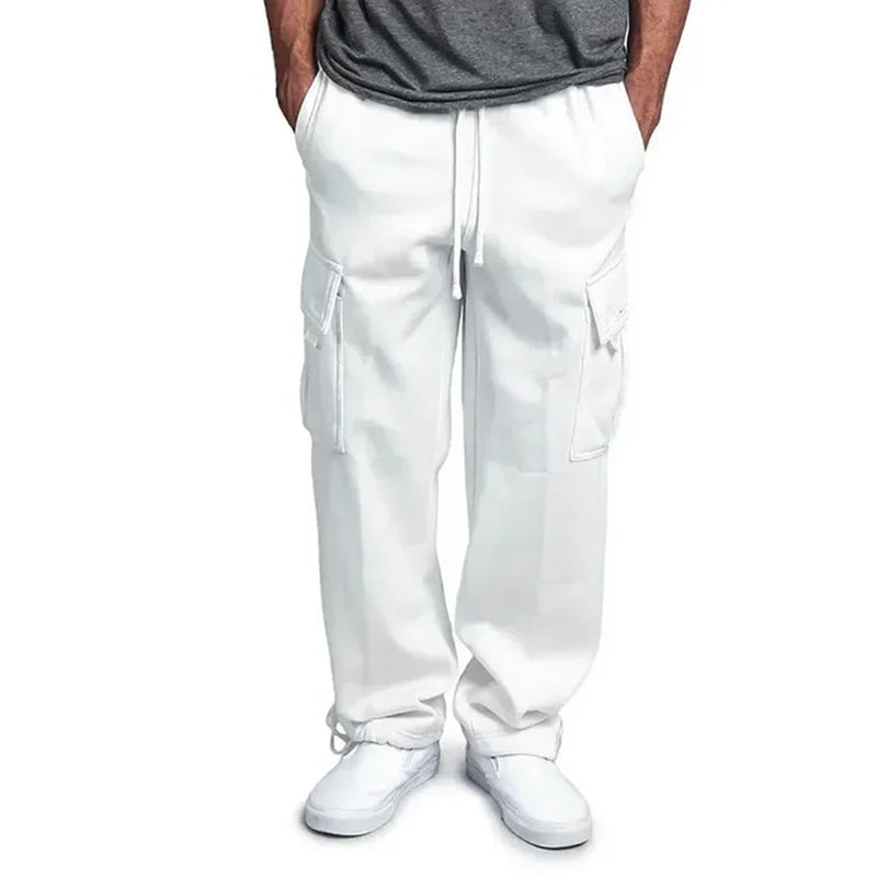 Pantalon cargo blanc pour homme, style décontracté, poches latérales, cordon de serrage, mode urbaine, idéal pour look moderne et confortable.