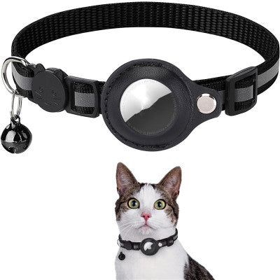 Collier pour chat noir avec AirTag intégré et clochette, idéal pour la localisation GPS. Accessoire sécurisé et ajustable pour animaux de compagnie.