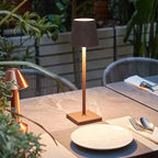 Lampe de table moderne en métal sur une terrasse élégante, entourée de plantes vertes. Décoration extérieure chic, ambiance chaleureuse et conviviale.