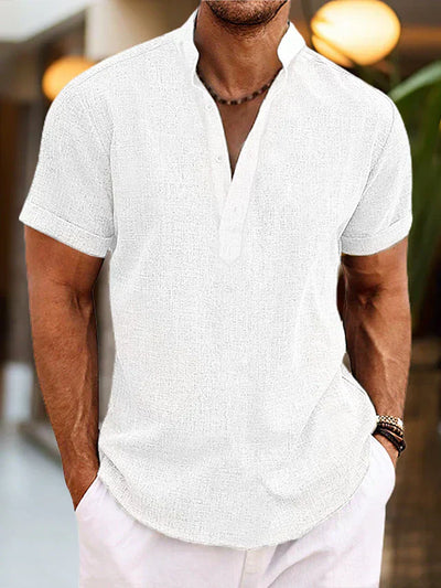 Chemise en lin Silas pour homme - Chemise d'été respirante à col Henley et manches courtes