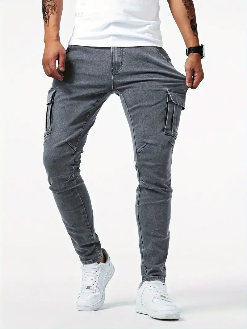Vaqueros ajustados multibolsillos para hombre - Pantalones cargo de mezclilla elástica