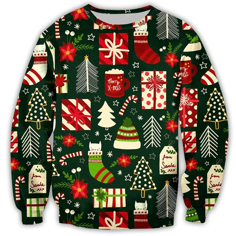 Pull-over de Noël vert avec motifs festifs : cadeaux, sapins, chaussettes, bonbons, flocons de neige et fleurs rouges. Idéal pour fêtes de fin d'année.