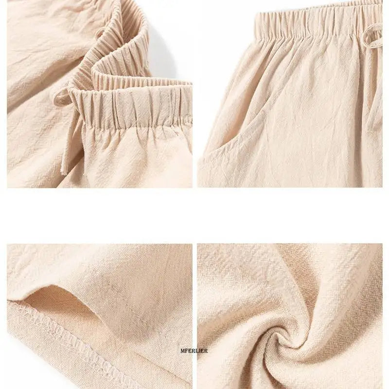Short en lin beige pour femme avec taille élastique, poches latérales et tissu texturé. Mode estivale, confortable et élégante.