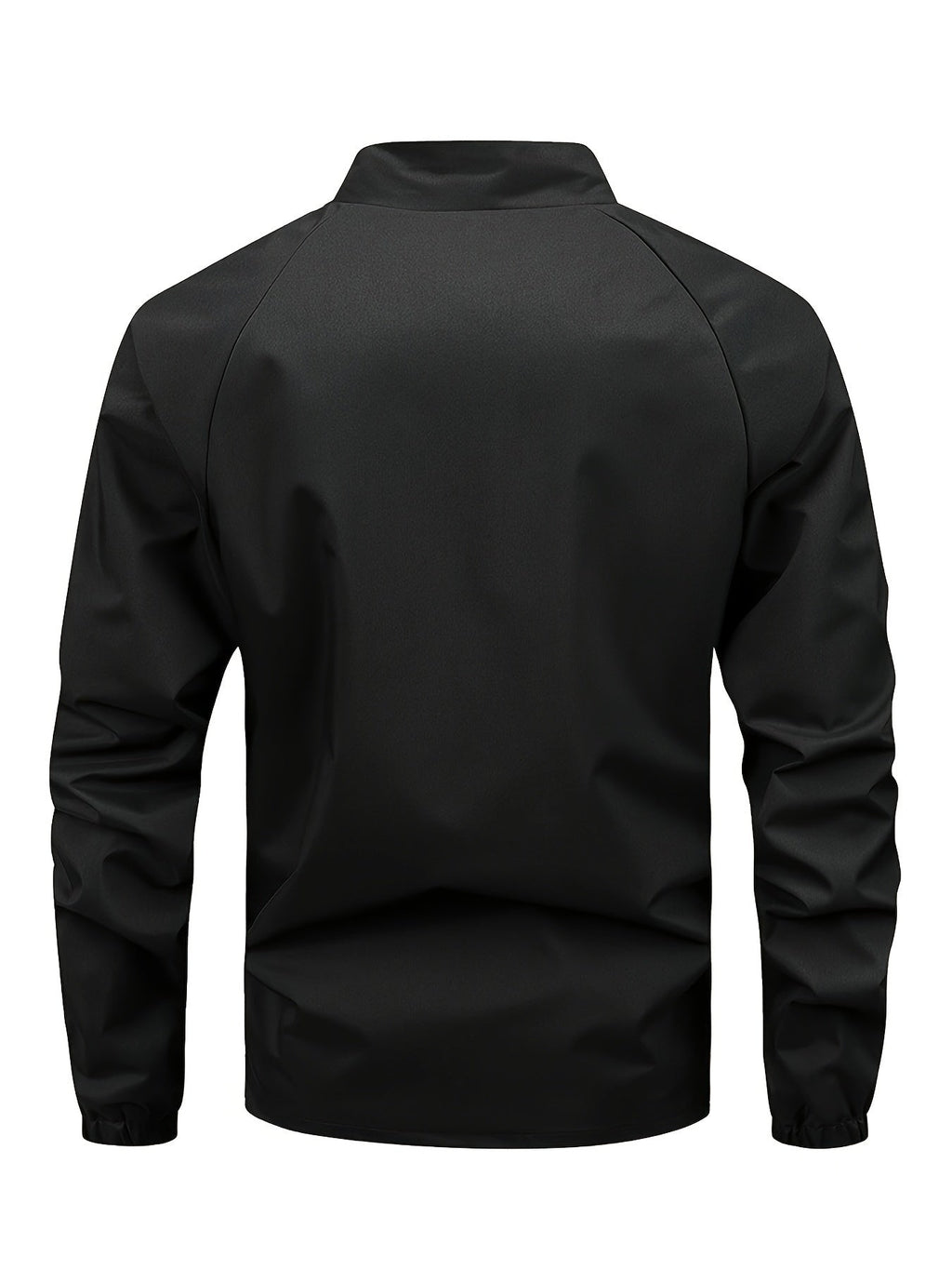 Veste noire homme, vue de dos, style décontracté, manches longues, col montant, tissu imperméable. Mode masculine, vêtement tendance automne.