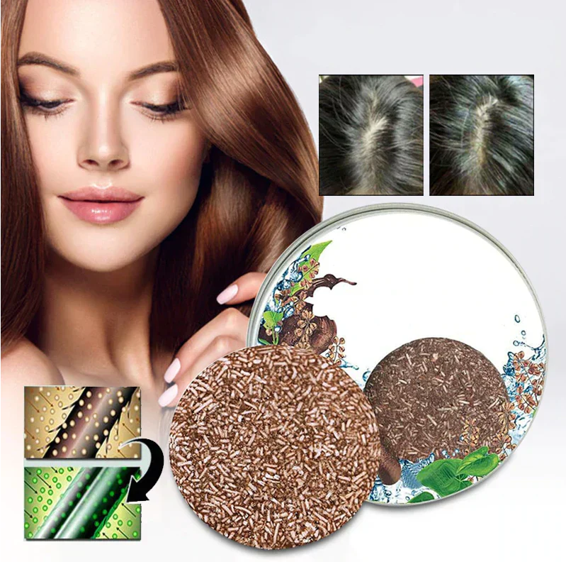 Shampoing solide anti-chute cheveux, avant-après, femme aux cheveux brillants, ingrédients naturels, soin capillaire efficace, cuir chevelu sain.