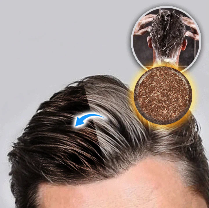 Cheveux avant et après application de teinture, montrant une transformation de gris à brun foncé. Produit capillaire naturel en gros plan.