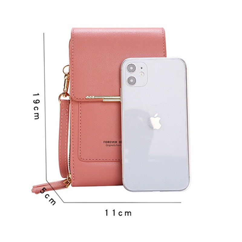 Sac à bandoulière rose en cuir PU avec téléphone portable, dimensions 19x11x5 cm, design élégant, idéal pour femme, mode et pratique.