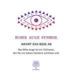 Symbole de l'œil mauve avec triangles, texte allemand sur protection contre le mauvais œil, talisman spirituel. Design Olivenorma.