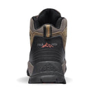 Chaussure de randonnée marron et noire vue de dos, logo montagne, semelle antidérapante, design robuste, idéale pour trekking et activités extérieures.